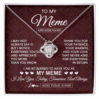 Love Knot Necklace 14K White Gold Finish | 1 | Personalized To My Meme Gifts From Granddaughter Necklace Meaningful Jewelry Pendant Gifts For Meme Mothers Day Birthday Christmas Custom Gift Box Message Card | https://siriusteestore.