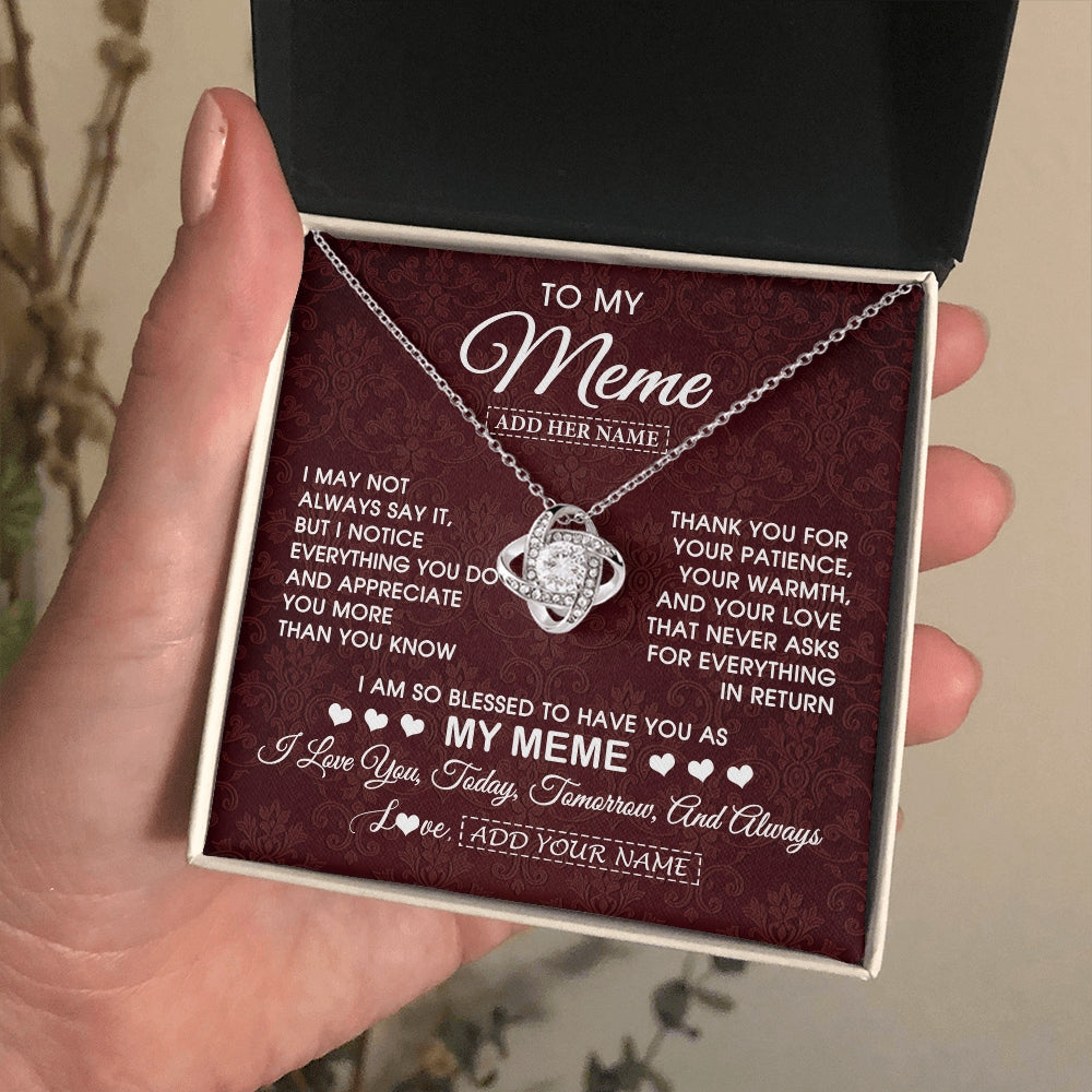 Love Knot Necklace 14K White Gold Finish | 2 | Personalized To My Meme Gifts From Granddaughter Necklace Meaningful Jewelry Pendant Gifts For Meme Mothers Day Birthday Christmas Custom Gift Box Message Card | https://siriusteestore.