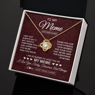 Love Knot Necklace 18K Yellow Gold Finish | 2 | Personalized To My Meme Gifts From Granddaughter Necklace Meaningful Jewelry Pendant Gifts For Meme Mothers Day Birthday Christmas Custom Gift Box Message Card | https://siriusteestore.