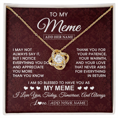 Love Knot Necklace 18K Yellow Gold Finish | 1 | Personalized To My Meme Gifts From Granddaughter Necklace Meaningful Jewelry Pendant Gifts For Meme Mothers Day Birthday Christmas Custom Gift Box Message Card | https://siriusteestore.