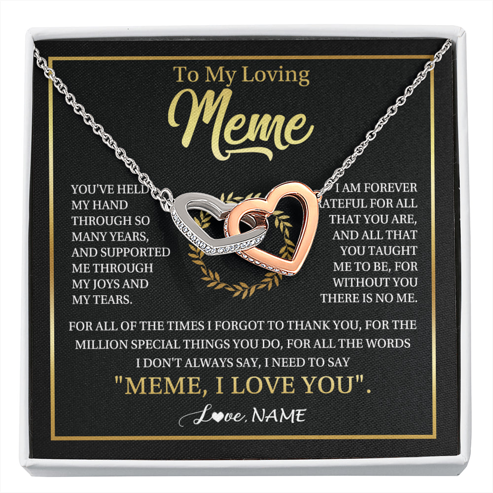 Interlocking Hearts Necklace Stainless Steel & Rose Gold Finish | 1 | Personalized To My Meme Gifts Necklace From Granddaughter Grandson Grateful Thank You Meme Birthday Mothers Day Christmas Customized Gift Box Message Card | siriusteestore