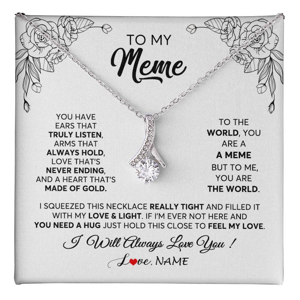 Alluring Beauty Necklace 14K White Gold Finish | 1 | Personalized To My Meme Necklace From Grandkids Granddaughter Hold This Close Feel My Love Meme Birthday Mothers Day Christmas Customized Gift Box Message Card | siriusteestore