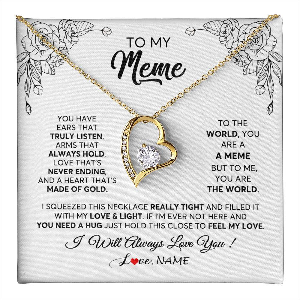 Forever Love Necklace 18K Yellow Gold Finish | 1 | Personalized To My Meme Necklace From Grandkids Granddaughter Hold This Close Feel My Love Meme Birthday Mothers Day Christmas Customized Gift Box Message Card | siriusteestore