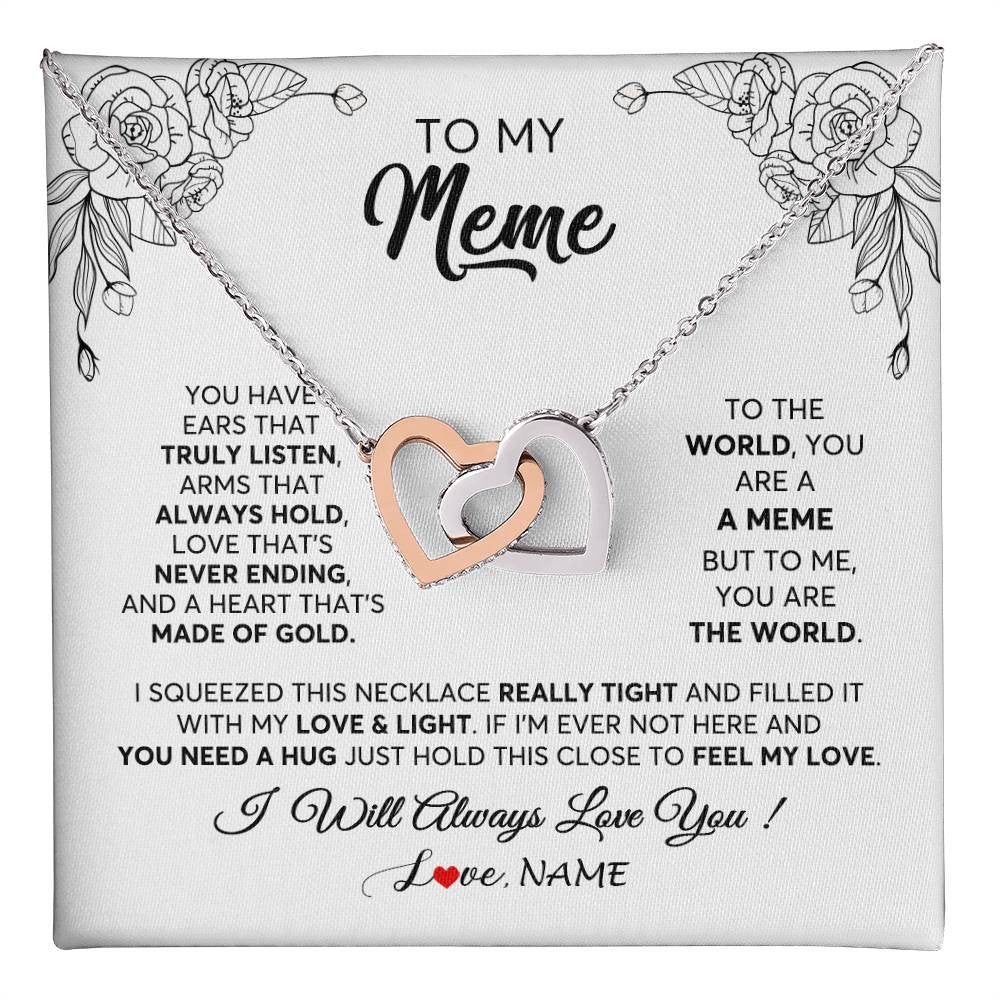 Interlocking Hearts Necklace Stainless Steel & Rose Gold Finish | 1 | Personalized To My Meme Necklace From Grandkids Granddaughter Hold This Close Feel My Love Meme Birthday Mothers Day Christmas Customized Gift Box Message Card | siriusteestore