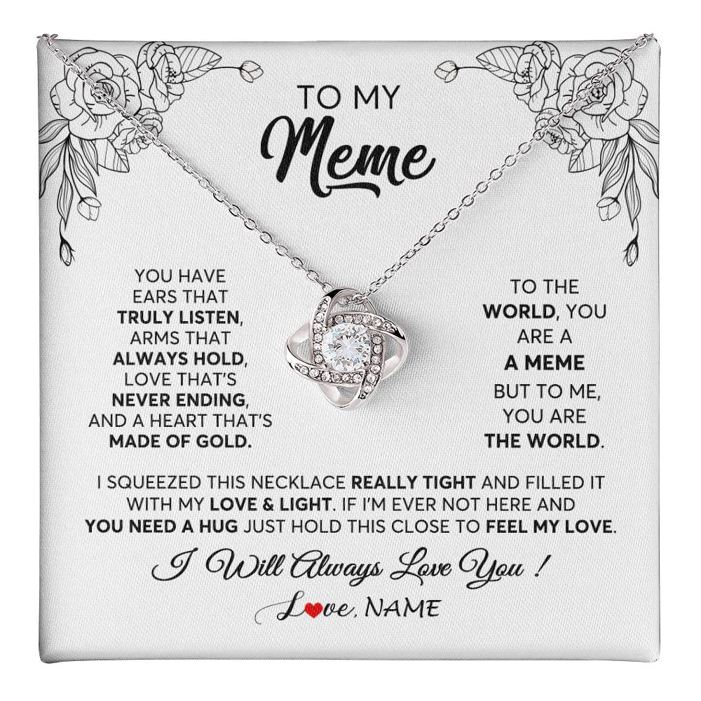 Love Knot Necklace 14K White Gold Finish | 1 | Personalized To My Meme Necklace From Grandkids Granddaughter Hold This Close Feel My Love Meme Birthday Mothers Day Christmas Customized Gift Box Message Card | siriusteestore