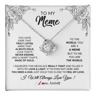 Love Knot Necklace 14K White Gold Finish | 1 | Personalized To My Meme Necklace From Grandkids Granddaughter Hold This Close Feel My Love Meme Birthday Mothers Day Christmas Customized Gift Box Message Card | siriusteestore