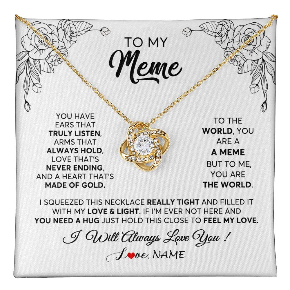 Love Knot Necklace 18K Yellow Gold Finish | 1 | Personalized To My Meme Necklace From Grandkids Granddaughter Hold This Close Feel My Love Meme Birthday Mothers Day Christmas Customized Gift Box Message Card | siriusteestore