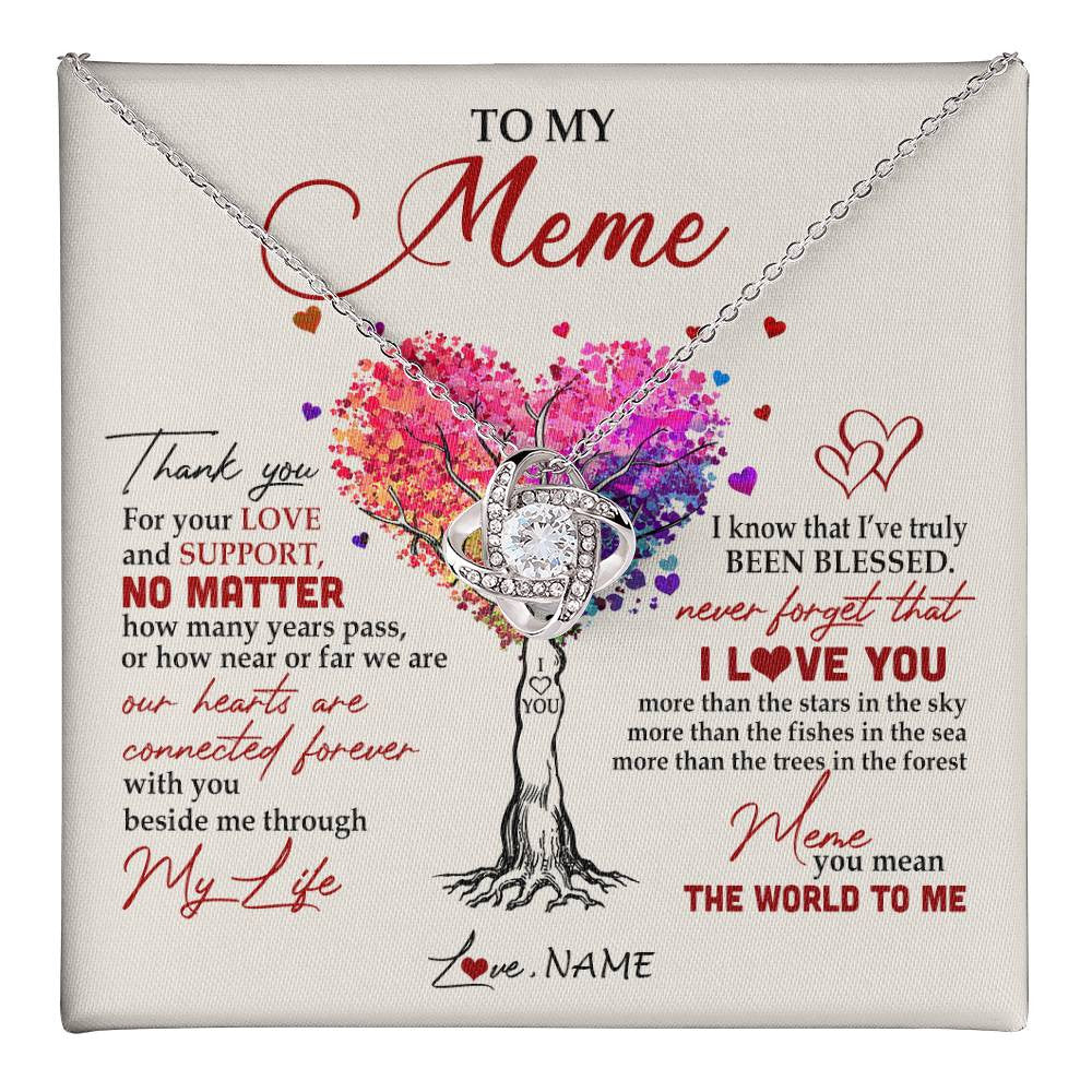 Love Knot Necklace 14K White Gold Finish | 1 | Personalized To My Meme Necklace From Grandkids Never Forget That I Love You You Mean The World Meme Birthday Mothers Day Christmas Customized Gift Box Message Card | siriusteestore