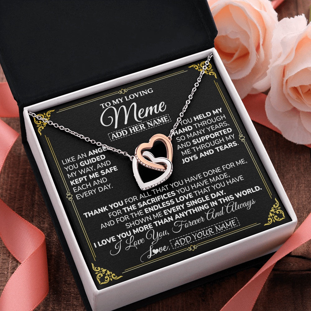 Interlocking Hearts Necklace Stainless Steel & Rose Gold Finish | 2 | Personalized To My Meme Necklace Gifts Meaningful Gift To Meme From Granddaughter Without You There Is No Me Mothers Day Birthday Custom Gift Box Message Card | https://siriusteestore.
