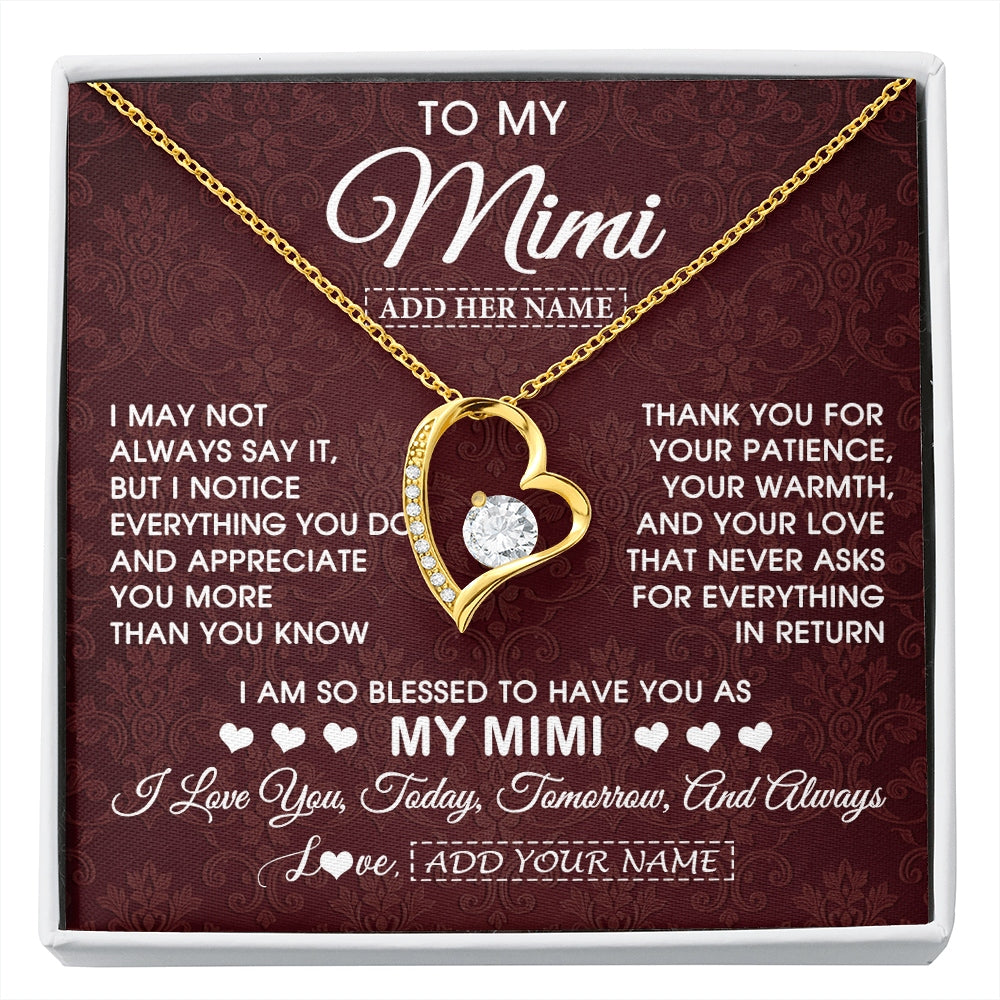 Forever Love Necklace 18K Yellow Gold Finish | 1 | Personalized To My Mimi Gifts From Granddaughter Necklace Meaningful Jewelry Pendant Gifts For Mimi Mothers Day Birthday Christmas Custom Gift Box Message Card | https://siriusteestore.