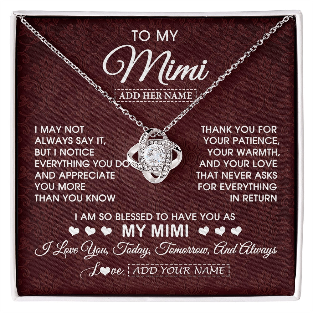 Love Knot Necklace 14K White Gold Finish | 1 | Personalized To My Mimi Gifts From Granddaughter Necklace Meaningful Jewelry Pendant Gifts For Mimi Mothers Day Birthday Christmas Custom Gift Box Message Card | https://siriusteestore.