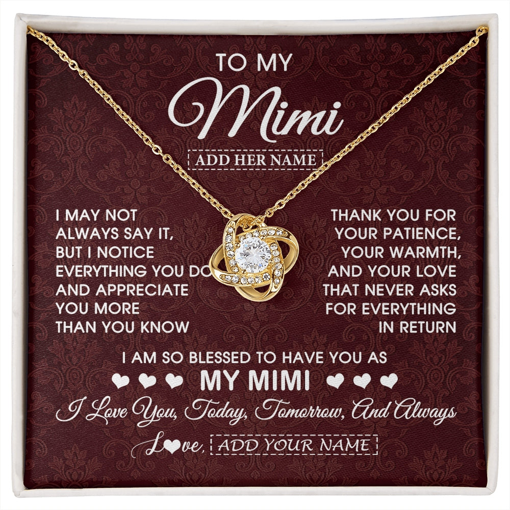 Love Knot Necklace 18K Yellow Gold Finish | 1 | Personalized To My Mimi Gifts From Granddaughter Necklace Meaningful Jewelry Pendant Gifts For Mimi Mothers Day Birthday Christmas Custom Gift Box Message Card | https://siriusteestore.