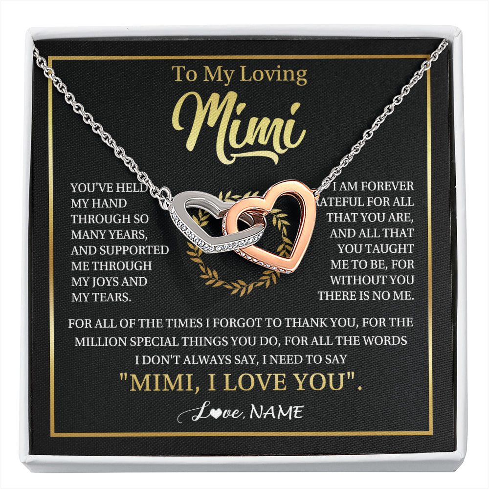 Interlocking Hearts Necklace Stainless Steel & Rose Gold Finish | 1 | Personalized To My Mimi Gifts Necklace From Granddaughter Grandson Grateful Thank You Mimi Birthday Mothers Day Christmas Customized Gift Box Message Card | siriusteestore