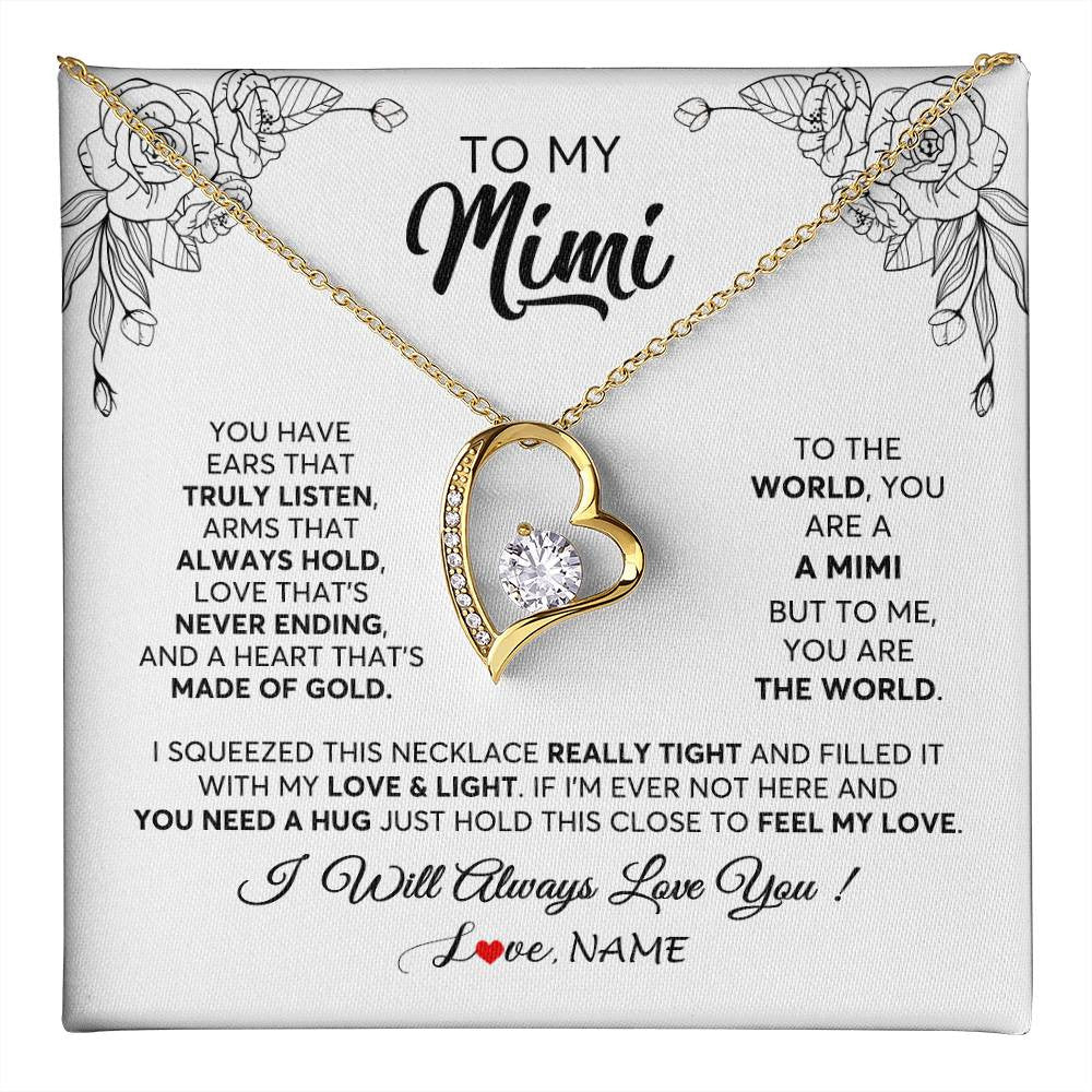 Forever Love Necklace 18K Yellow Gold Finish | 1 | Personalized To My Mimi Necklace From Grandkids Granddaughter Hold This Close Feel My Love Mimi Birthday Mothers Day Christmas Customized Gift Box Message Card | siriusteestore