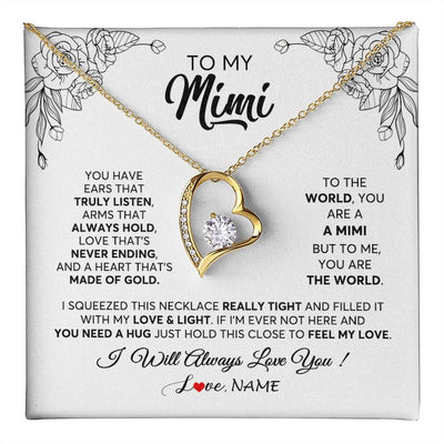 Forever Love Necklace 18K Yellow Gold Finish | 1 | Personalized To My Mimi Necklace From Grandkids Granddaughter Hold This Close Feel My Love Mimi Birthday Mothers Day Christmas Customized Gift Box Message Card | siriusteestore