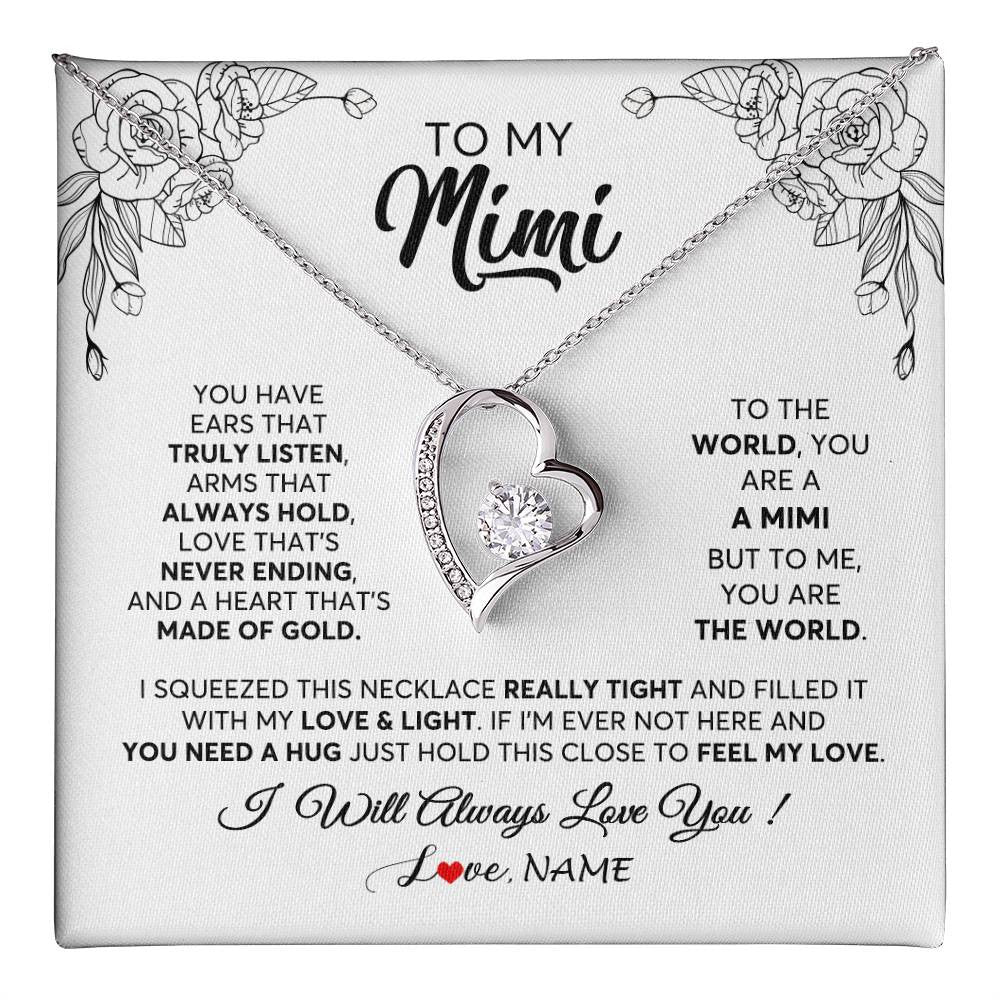 Forever Love Necklace 14K White Gold Finish | 1 | Personalized To My Mimi Necklace From Grandkids Granddaughter Hold This Close Feel My Love Mimi Birthday Mothers Day Christmas Customized Gift Box Message Card | siriusteestore