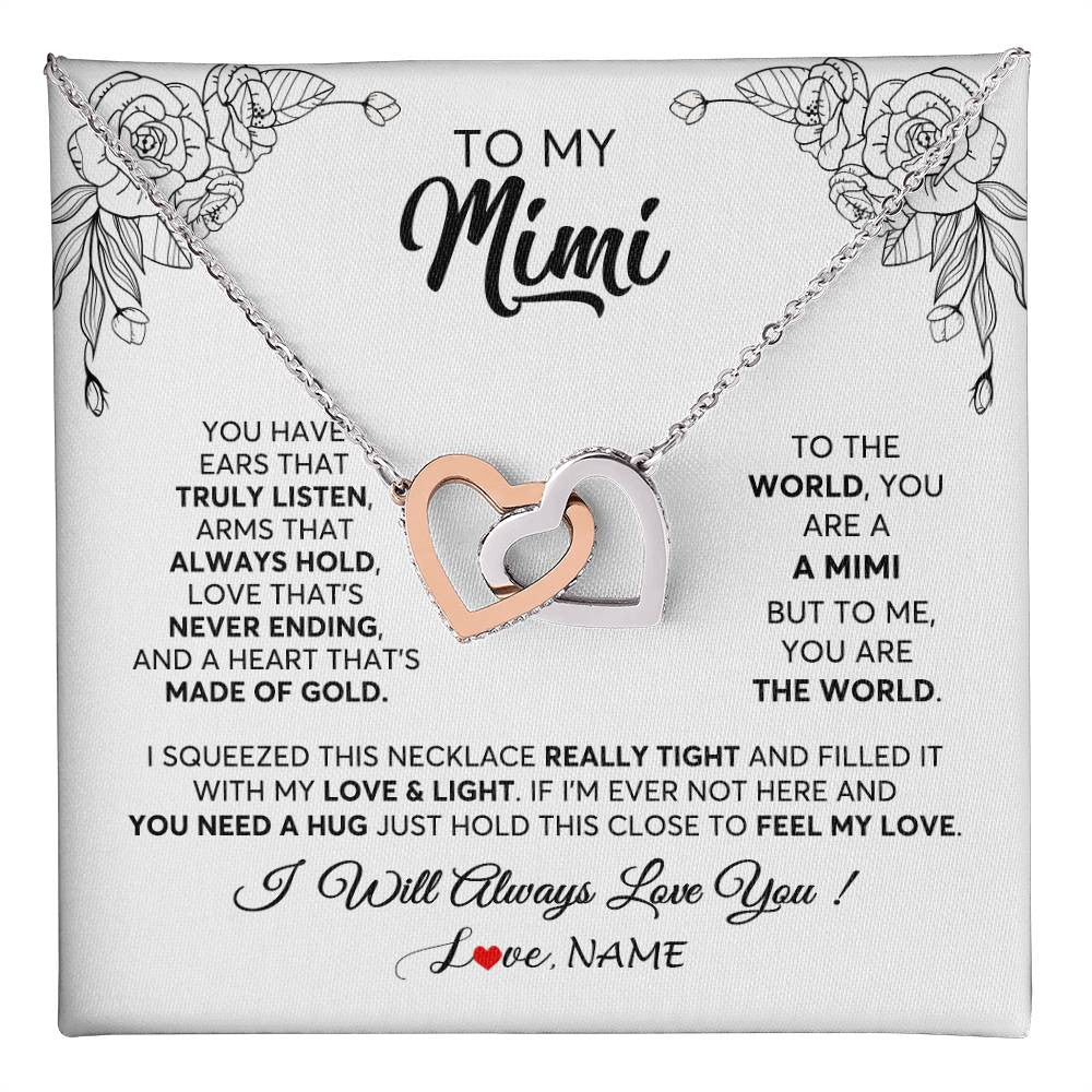 Interlocking Hearts Necklace Stainless Steel & Rose Gold Finish | 1 | Personalized To My Mimi Necklace From Grandkids Granddaughter Hold This Close Feel My Love Mimi Birthday Mothers Day Christmas Customized Gift Box Message Card | siriusteestore