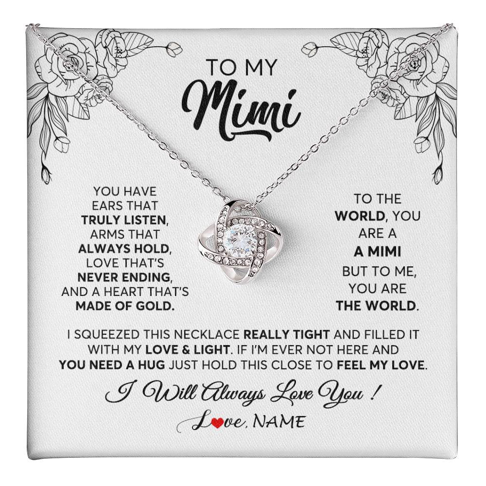 Love Knot Necklace 14K White Gold Finish | 1 | Personalized To My Mimi Necklace From Grandkids Granddaughter Hold This Close Feel My Love Mimi Birthday Mothers Day Christmas Customized Gift Box Message Card | siriusteestore