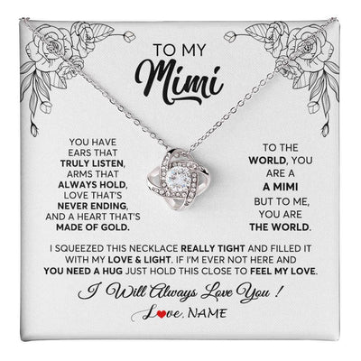 Love Knot Necklace 14K White Gold Finish | 1 | Personalized To My Mimi Necklace From Grandkids Granddaughter Hold This Close Feel My Love Mimi Birthday Mothers Day Christmas Customized Gift Box Message Card | siriusteestore