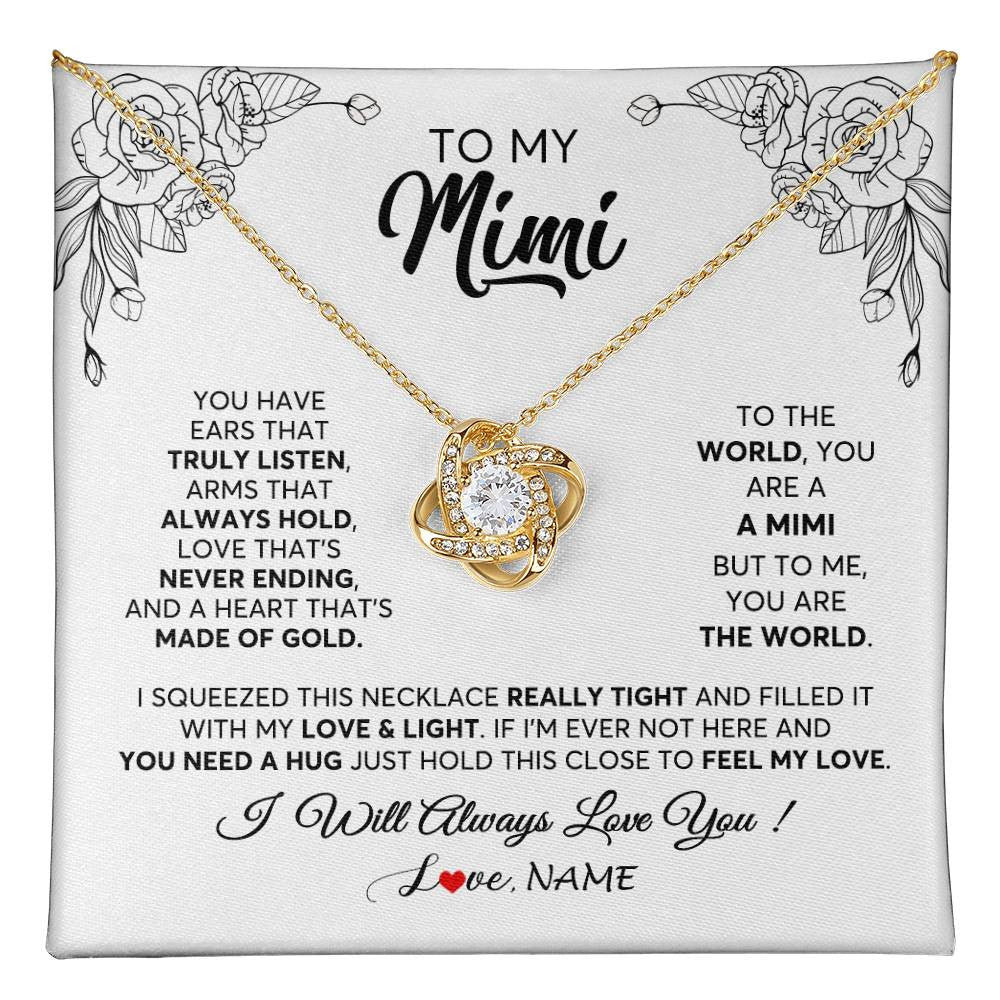 Love Knot Necklace 18K Yellow Gold Finish | 1 | Personalized To My Mimi Necklace From Grandkids Granddaughter Hold This Close Feel My Love Mimi Birthday Mothers Day Christmas Customized Gift Box Message Card | siriusteestore