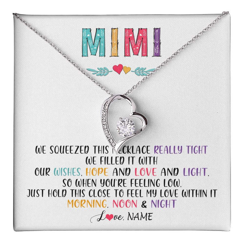 Forever Love Necklace 14K White Gold Finish | 1 | Personalized To My Mimi Necklace From Grandkids Granddaughter We Squeezed This Necklace Mimi Birthday Mothers Day Christmas Customized Gift Box Message Card | siriusteestore