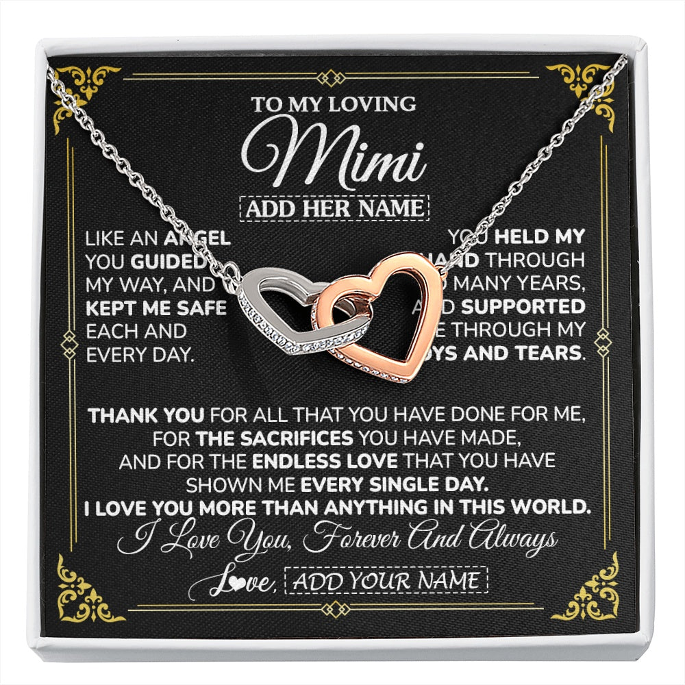 Interlocking Hearts Necklace Stainless Steel & Rose Gold Finish | 1 | Personalized To My Mimi Necklace Gifts Meaningful Gift To Mimi From Granddaughter Without You There Is No Me Mothers Day Birthday Custom Gift Box Message Card | https://siriusteestore.