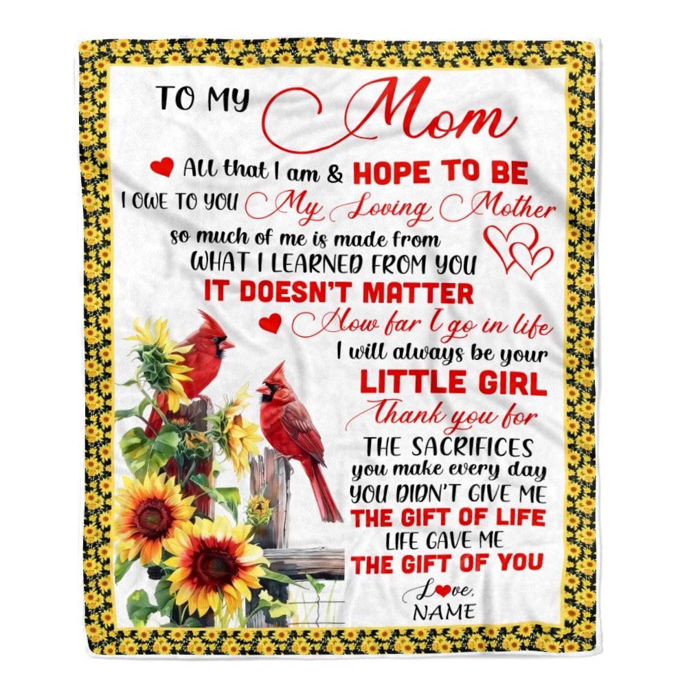 Personalized To My Mom Blanket From Daughter Little Girl Red Bird Cardinal Sunflower My Loving Mothers Day Birthday Christmas Customized Fleece Throw Blanket | siriusteestore