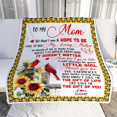 Personalized To My Mom Blanket From Daughter Little Girl Red Bird Cardinal Sunflower My Loving Mothers Day Birthday Christmas Customized Fleece Throw Blanket | siriusteestore