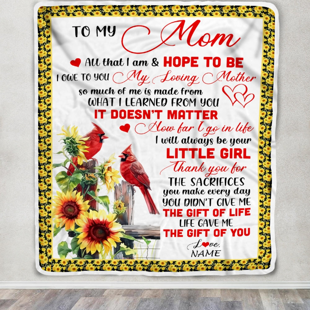 Personalized To My Mom Blanket From Daughter Little Girl Red Bird Cardinal Sunflower My Loving Mothers Day Birthday Christmas Customized Fleece Throw Blanket | siriusteestore