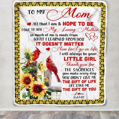 Personalized To My Mom Blanket From Daughter Little Girl Red Bird Cardinal Sunflower My Loving Mothers Day Birthday Christmas Customized Fleece Throw Blanket | siriusteestore