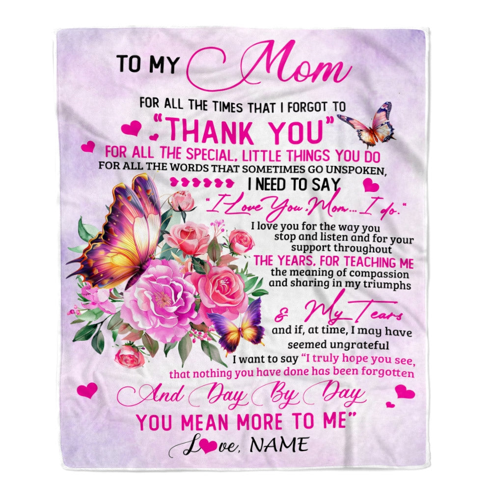 Personalized To My Mom Blanket From Daughter Son Wood Floral Butterfly Thank You I Love You Mom Birthday Mothers Day Christmas Customized Fleece Throw Blanket | siriusteestore