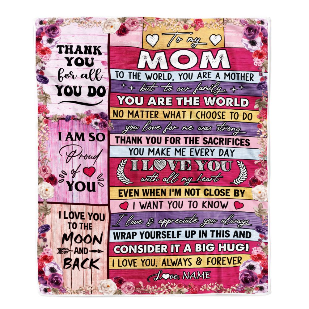 Personalized To My Mom Blanket From Daughter Son Wood Floral Thank You I Love You Mom Mother Birthday Mothers Day Christmas Customized Fleece Throw Blanket | siriusteestore