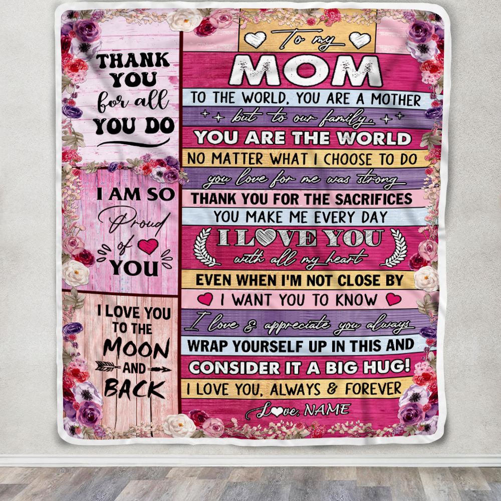 Personalized To My Mom Blanket From Daughter Son Wood Floral Thank You I Love You Mom Mother Birthday Mothers Day Christmas Customized Fleece Throw Blanket | siriusteestore