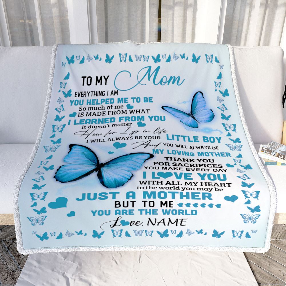 Personalized To My Mom Blanket From Son Butterfly Everything I Am You Helped Me To Be Birthday Gifts Mom Mothers Day Christmas Customized Fleece Throw Blanket | siriusteestore