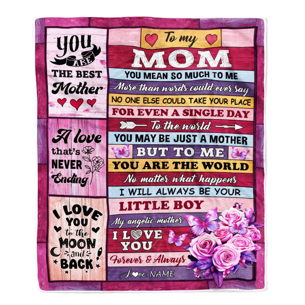 Personalized To My Mom Blanket From Son Wood Butterfly Love My Angelic Mother Birthday Mothers Day Thanksgiving Christmas Customized Gift Fleece Blanket | siriusteestore