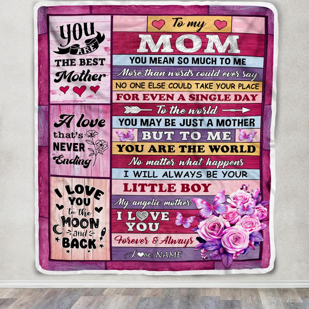Personalized To My Mom Blanket From Son Wood Butterfly Love My Angelic Mother Birthday Mothers Day Thanksgiving Christmas Customized Gift Fleece Blanket | siriusteestore