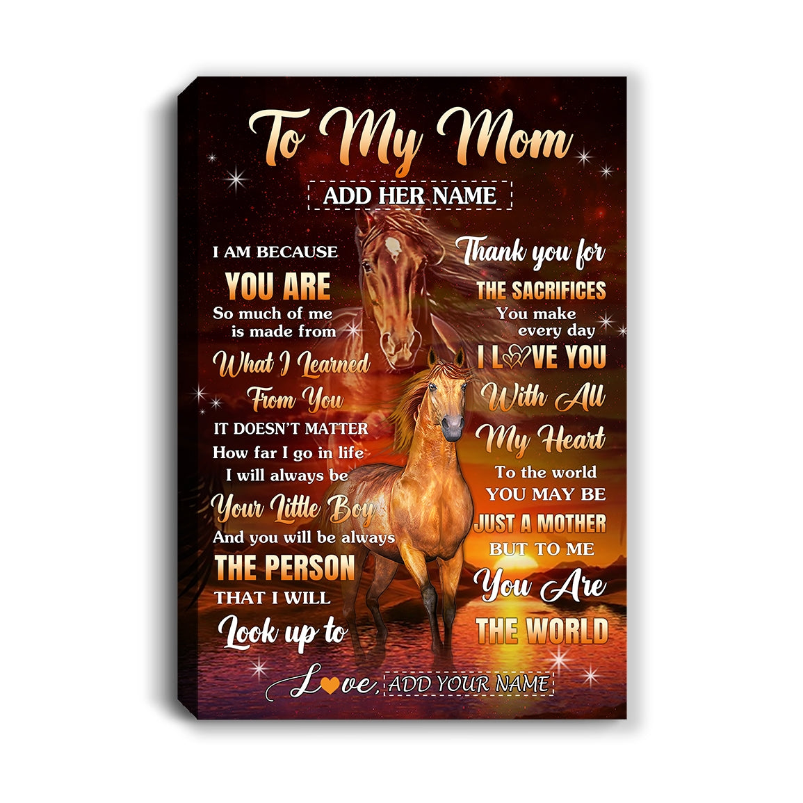 Personalized To My Mom Canvas From Son Thank You For The Sacrifices Horse Mom Birthday Mothers Day Thanksgiving Christmas Custom Wall Art Framed Canvas | siriusteestore