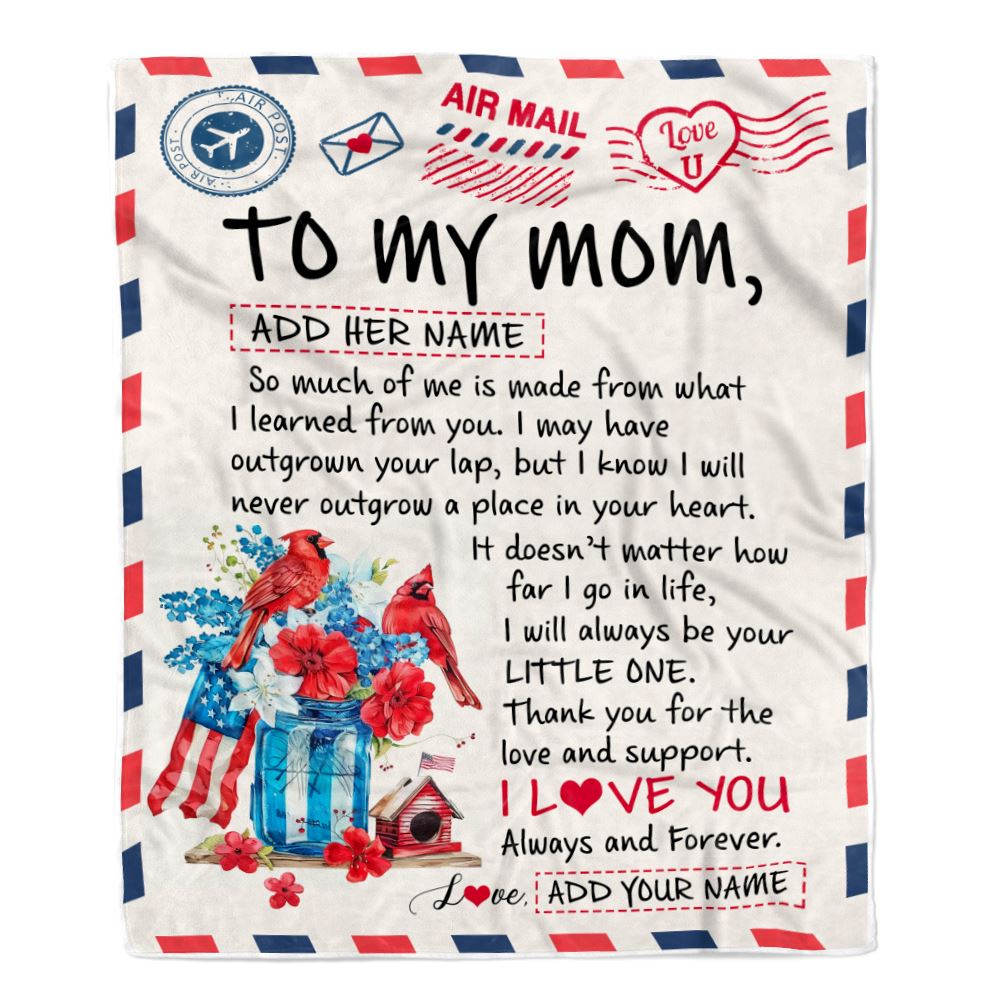 Personalized To My Mom Gifts Blanket From Daughter Son Cardinal Letter Air Mail Letter Birthday Gifts For Mom Mothers Day Christmas Customized Mom Fleece Blanket | siriusteestore