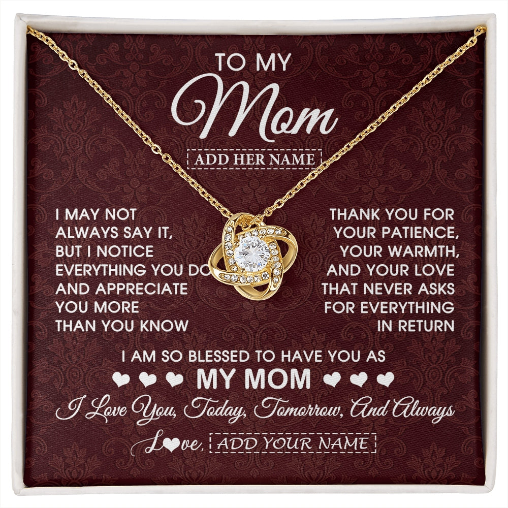 Love Knot Necklace 18K Yellow Gold Finish | 1 | Personalized To My Mom Gifts From Daughter Son Necklace Meaningful Jewelry Pendant Gifts For Mom Mothers Day Birthday Christmas Custom Gift Box Message Card | https://siriusteestore.