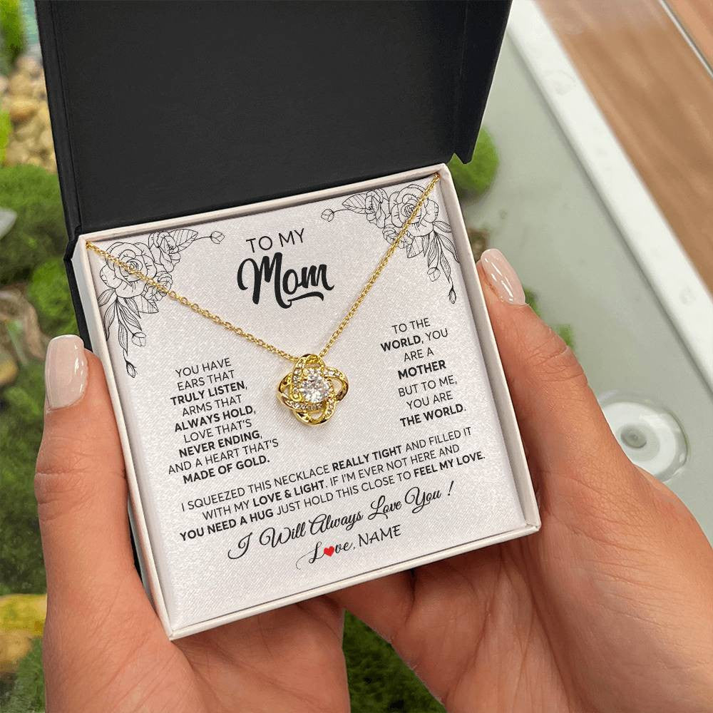 Love Knot Necklace 18K Yellow Gold Finish | 2 | Personalized To My Mom Necklace From Daughter Son Hold This Close Feel My Love Mom Birthday Mothers Day Christmas Jewelry Customized Gift Box Message Card | siriusteestore
