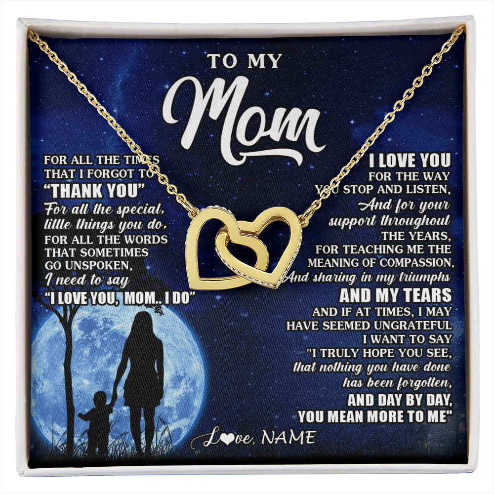 Interlocking Hearts Necklace 18K Yellow Gold Finish | 1 | Personalized To My Mom Necklace From Daughter Son Thank You Grateful Love Mom Birthday Mothers Day Thanksgiving Christmas Customized Gift Box Message Card | siriusteestore