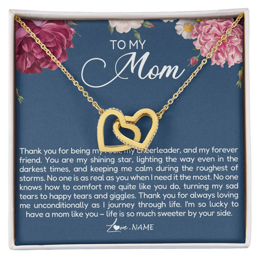 Interlocking Hearts Necklace 18K Yellow Gold Finish | Personalized To My Mom Necklace From Daughter Thank You For Being My Rock Mom Birthday Mothers Day Christmas Pendant Jewelry Customized Gift Box Message Card | siriusteestore