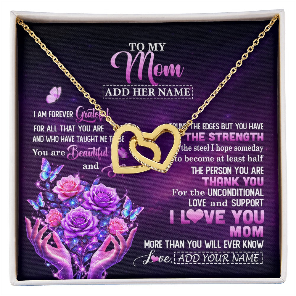 Interlocking Hearts Necklace 18K Yellow Gold Finish | 1 | Personalized To My Mom Necklace From Daughter Thank You For Love Butterfly Mom Birthday Mothers Day Thanksgiving Christmas Custom Gift Box Message Card | https://siriusteestore.