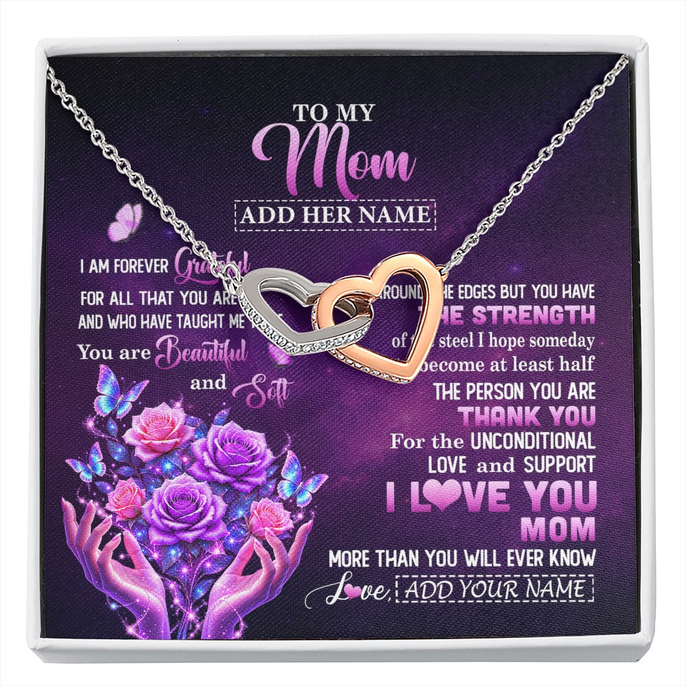 Interlocking Hearts Necklace Stainless Steel & Rose Gold Finish | 1 | Personalized To My Mom Necklace From Daughter Thank You For Love Butterfly Mom Birthday Mothers Day Thanksgiving Christmas Custom Gift Box Message Card | https://siriusteestore.
