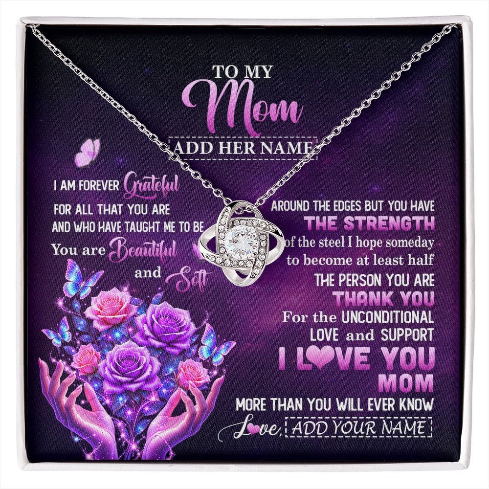 Love Knot Necklace 14K White Gold Finish | 1 | Personalized To My Mom Necklace From Daughter Thank You For Love Butterfly Mom Birthday Mothers Day Thanksgiving Christmas Custom Gift Box Message Card | https://siriusteestore.