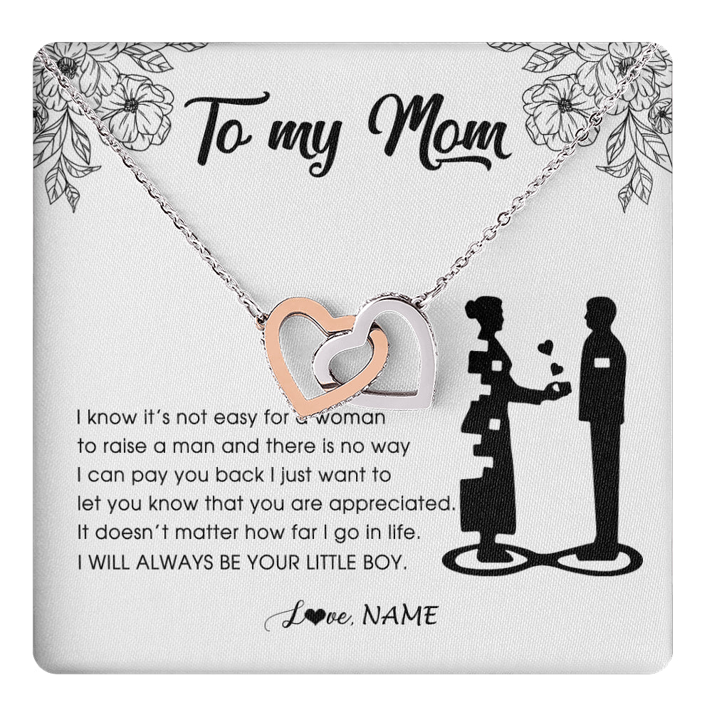 Interlocking Hearts Necklace Stainless Steel & Rose Gold Finish | 1 | Personalized To My Mom Necklace From Son I Know It's Not Easy For A Woman To Raise A Man Mother Birthday Mothers Day Jewelry Customized Gift Box Message Card | siriusteestore