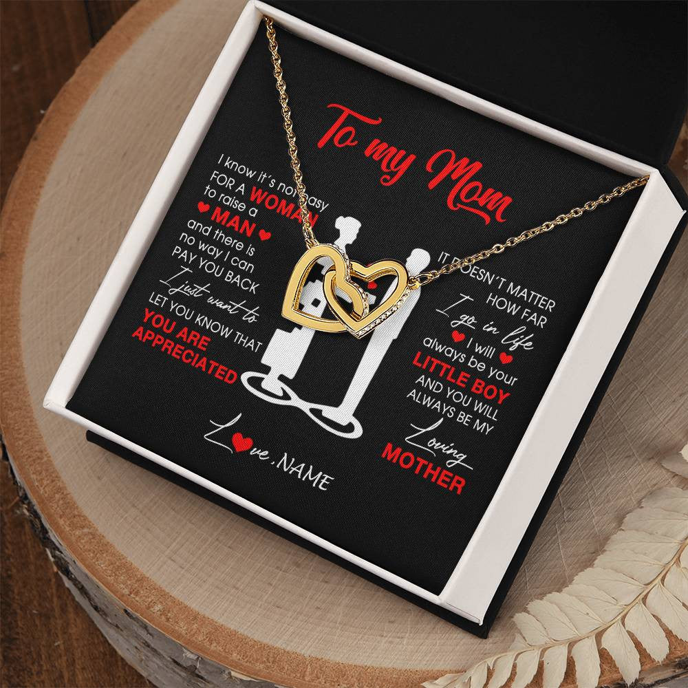 Interlocking Hearts Necklace 18K Yellow Gold Finish | Personalized To My Mom Necklace From Son Little Boy Always Be My Loving Mother Birthday Mothers Day Christmas Pendant Jewelry Customized Gift Box Message Card | siriusteestore