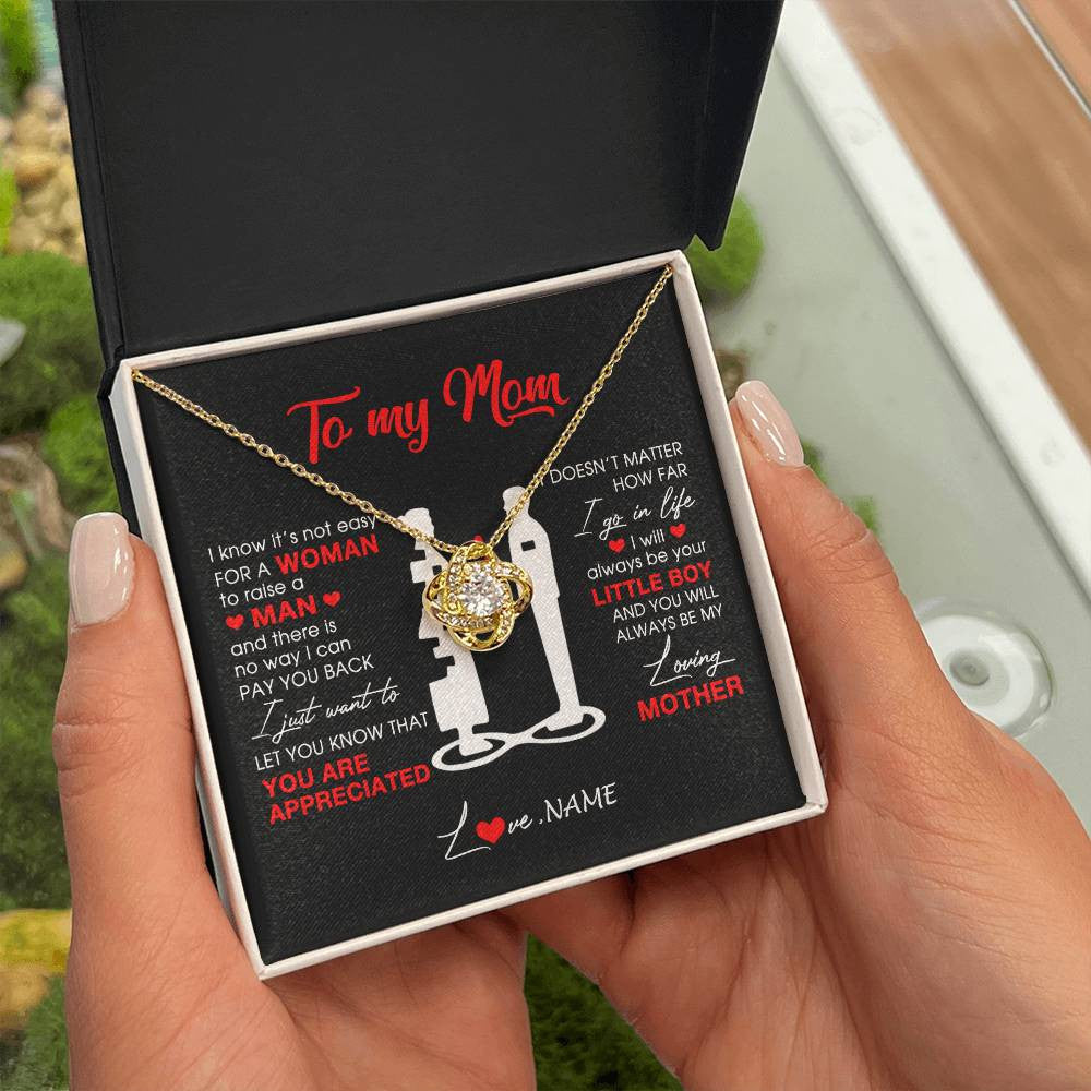 Love Knot Necklace 18K Yellow Gold Finish | Personalized To My Mom Necklace From Son Little Boy Always Be My Loving Mother Birthday Mothers Day Christmas Pendant Jewelry Customized Gift Box Message Card | siriusteestore