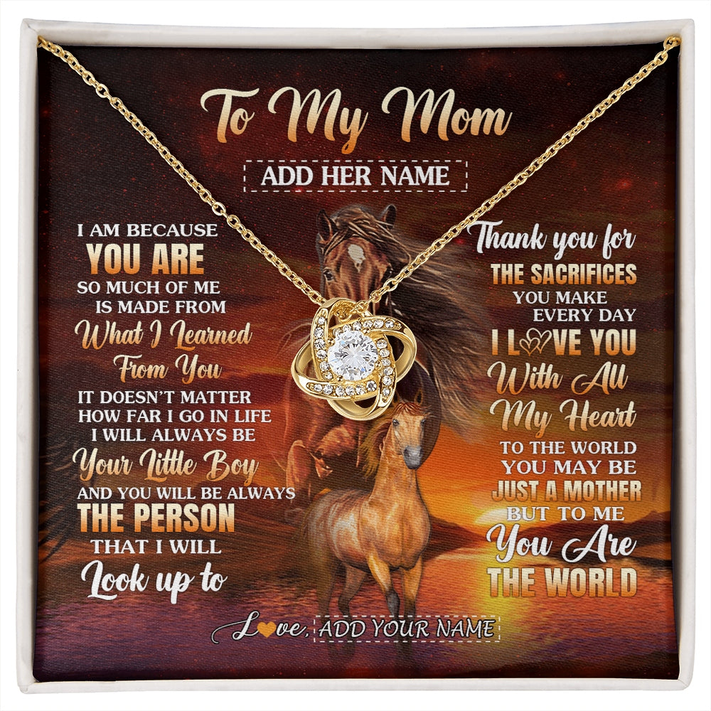 Love Knot Necklace 18K Yellow Gold Finish | 1 | Personalized To My Mom Necklace From Son Thank You For The Sacrifices Horse Mom Birthday Mothers Day Thanksgiving Christmas Custom Gift Box Message Card | https://siriusteestore.