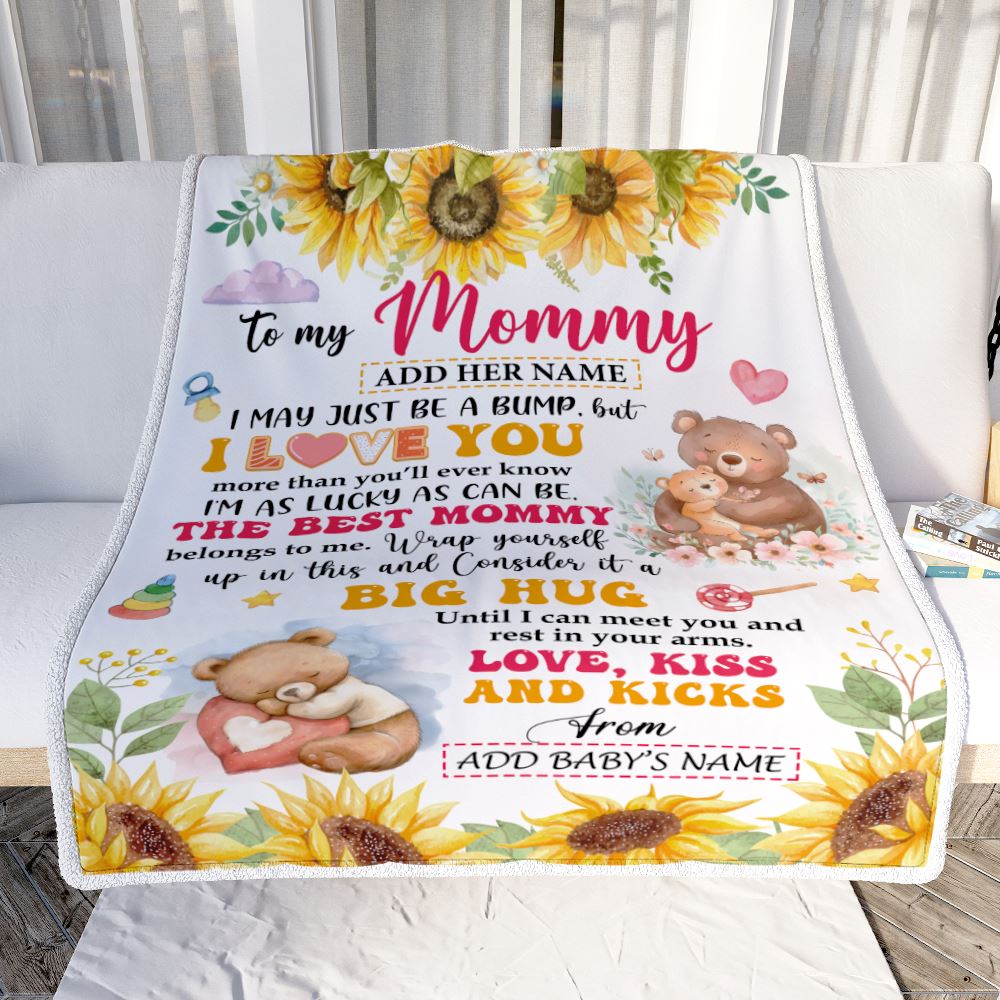 Personalized To My Mommy Blanket From Baby Name First Time Mom Bear Sunflower Mommy From Baby Bump Happy 1st Mothers Day Customized Bed Fleece Blanket | siriusteestore